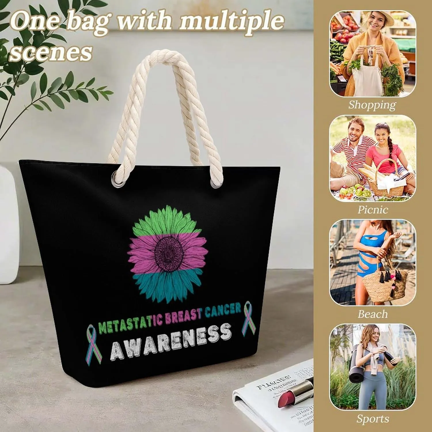 Tote Bag Large Handles Beach Bag with Zipper for Shopping Groceries Travel Outdoors Swim Pool Bag