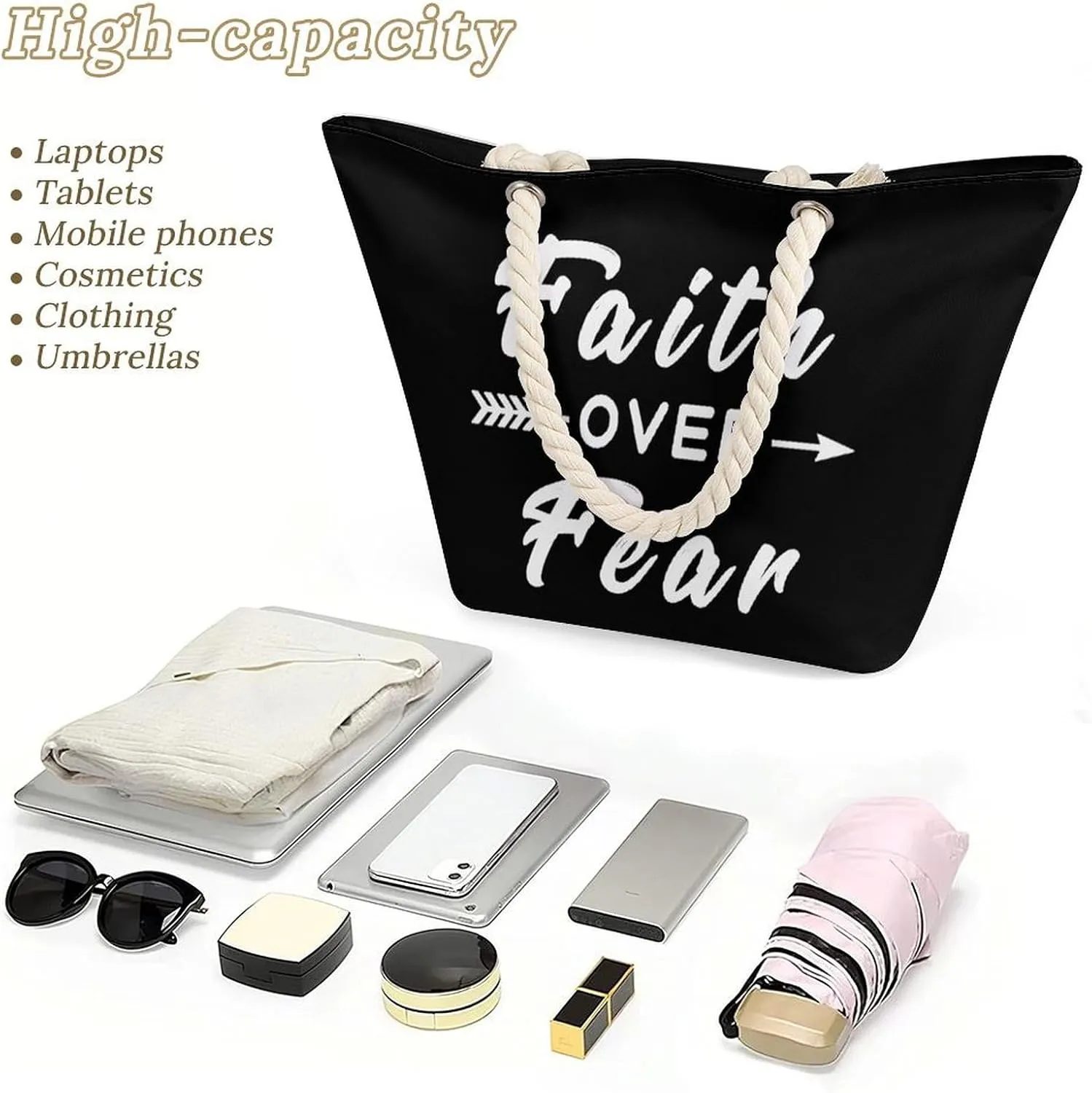 Tote Bag Large Handles Beach Bag with Zipper for Shopping Groceries Travel Outdoors Swim Pool Bag