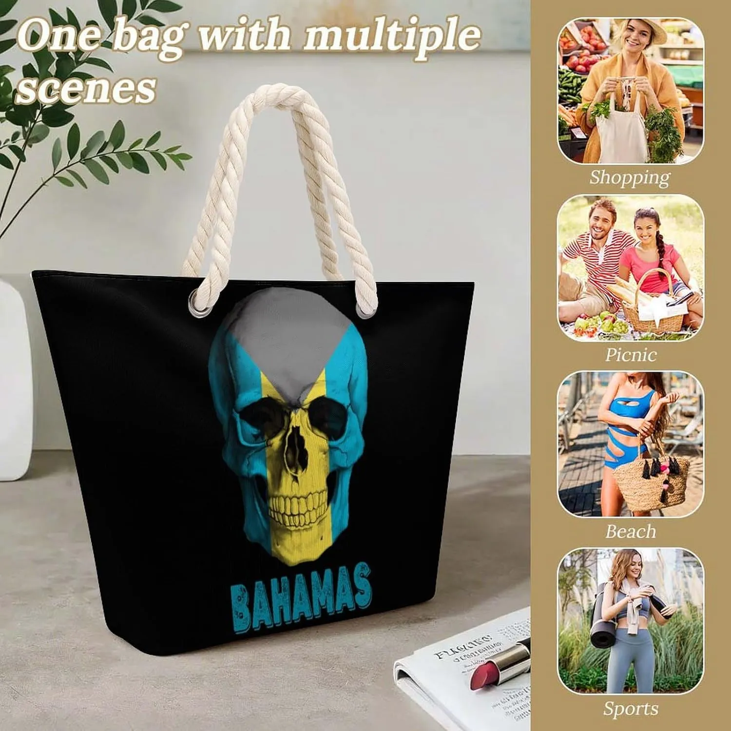 Tote Bag Large Handles Beach Bag with Zipper for Shopping Groceries Travel Outdoors Swim Pool Bag