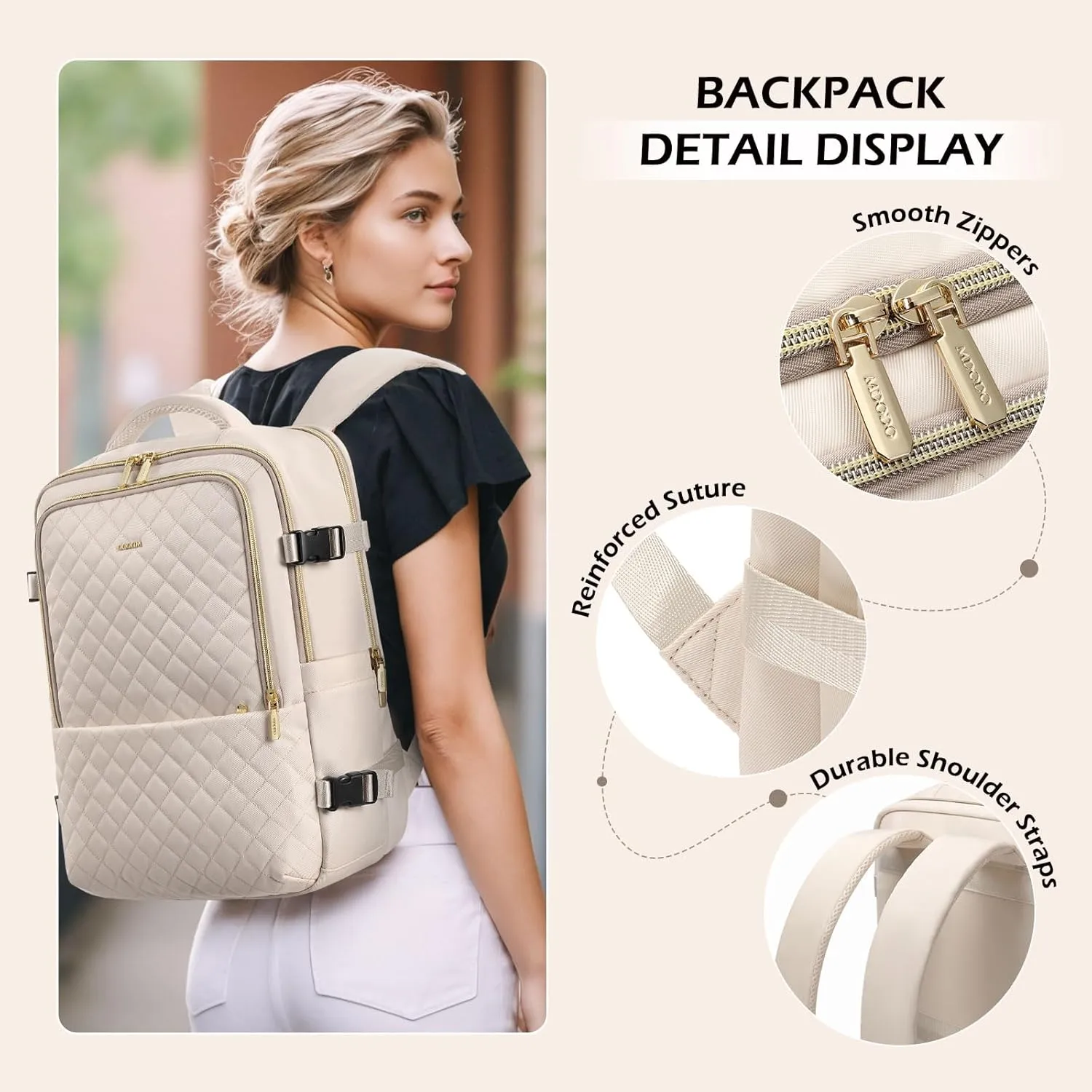 Travel Backpack for Women Men - Large Carry on Backpack fits 15.6" Laptop Lightweight Travel Bag Daypack Waterproof Causal Bookbag Backpack for College,Work,36L, Beige