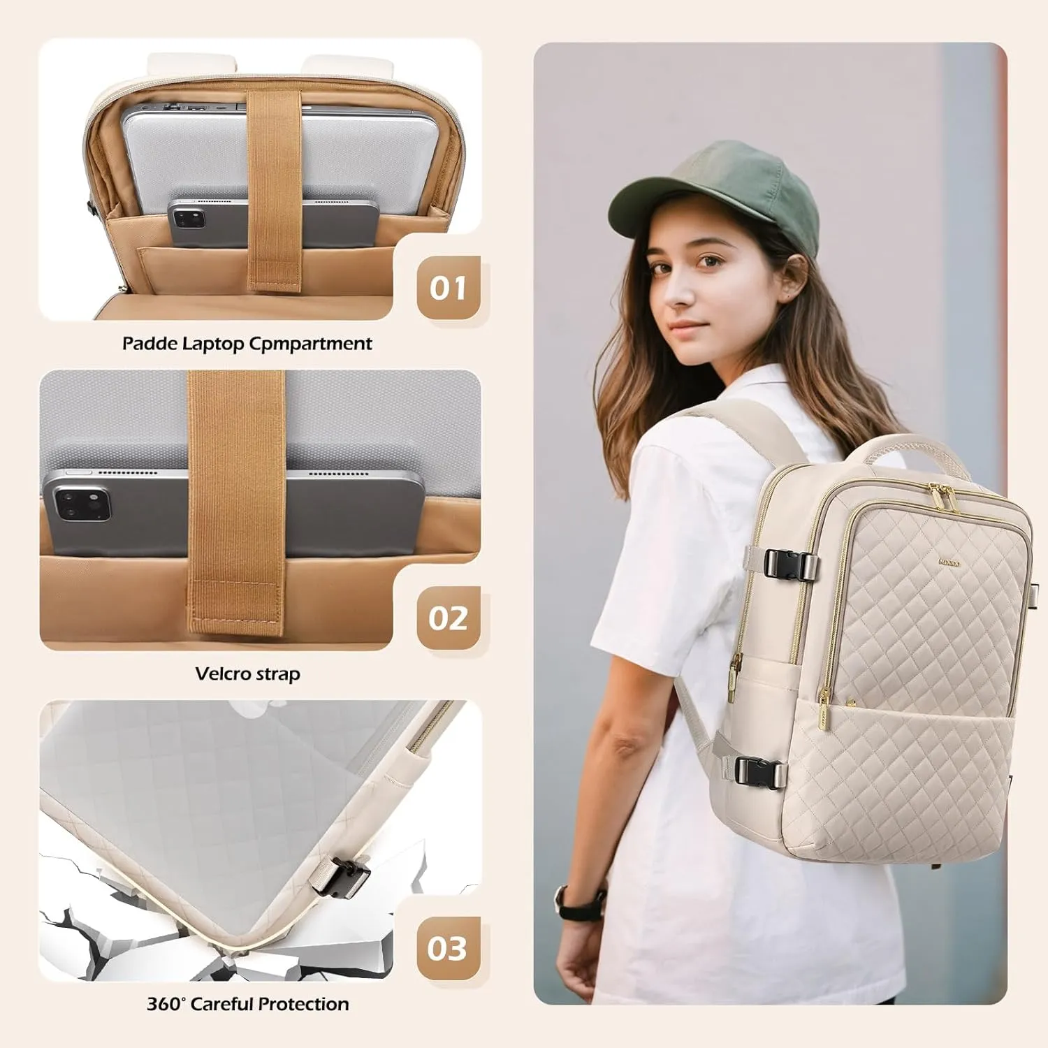 Travel Backpack for Women Men - Large Carry on Backpack fits 15.6" Laptop Lightweight Travel Bag Daypack Waterproof Causal Bookbag Backpack for College,Work,36L, Beige
