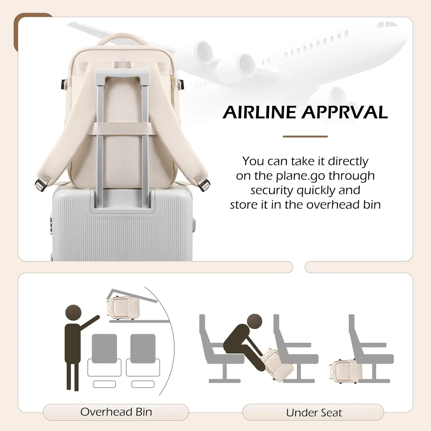 Travel Backpack for Women Men - Large Carry on Backpack fits 15.6" Laptop Lightweight Travel Bag Daypack Waterproof Causal Bookbag Backpack for College,Work,36L, Beige