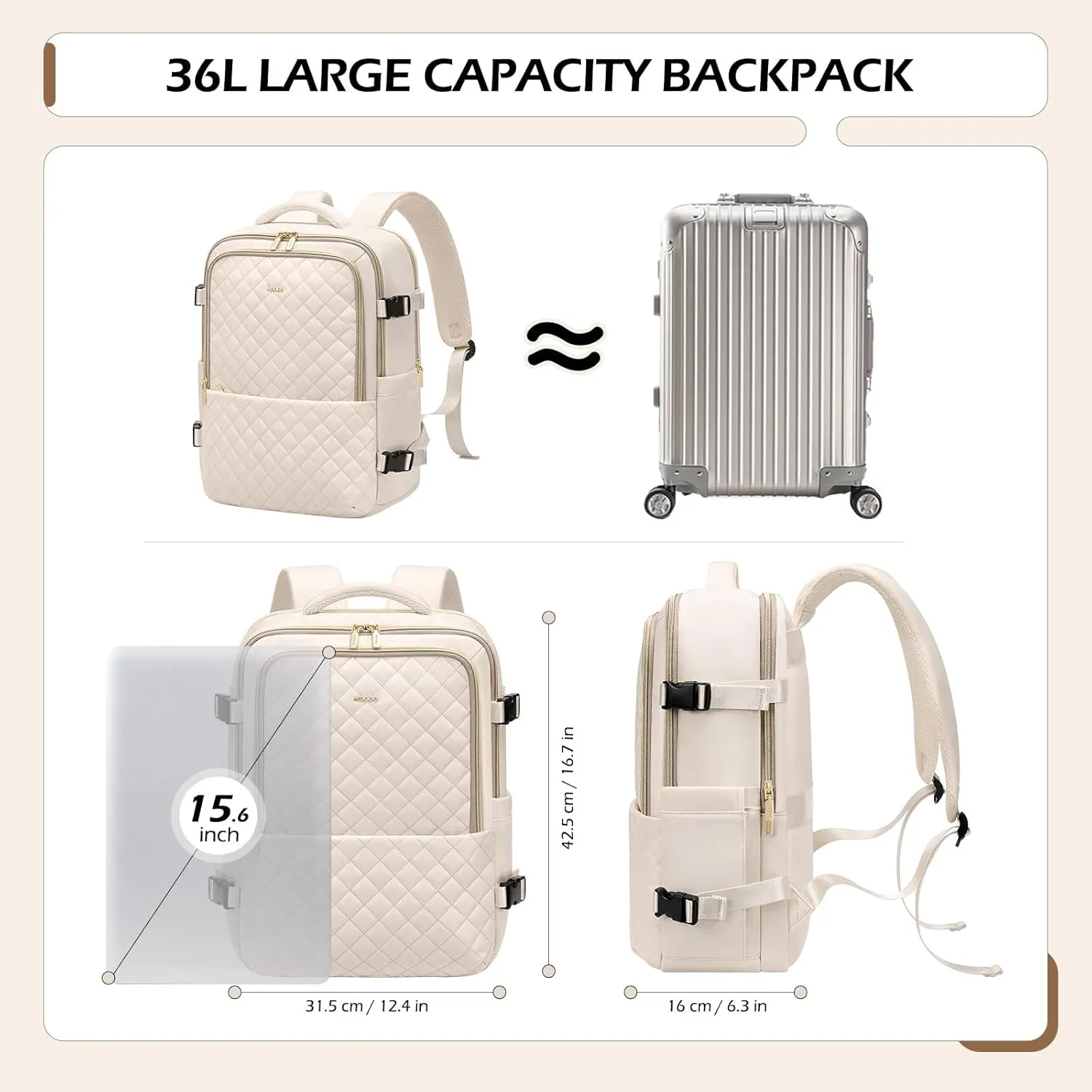 Travel Backpack for Women Men - Large Carry on Backpack fits 15.6" Laptop Lightweight Travel Bag Daypack Waterproof Causal Bookbag Backpack for College,Work,36L, Beige