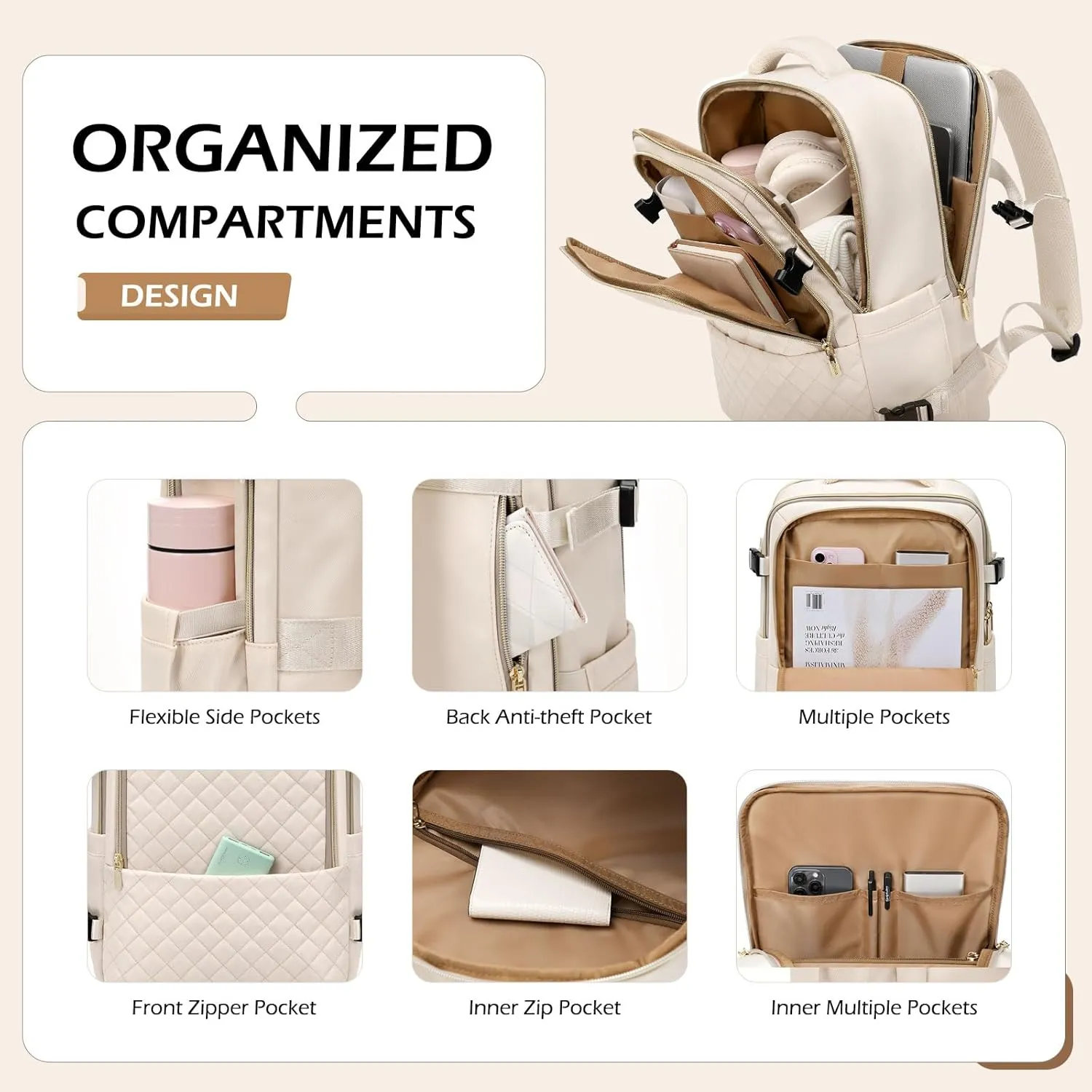 Travel Backpack for Women Men - Large Carry on Backpack fits 15.6" Laptop Lightweight Travel Bag Daypack Waterproof Causal Bookbag Backpack for College,Work,36L, Beige