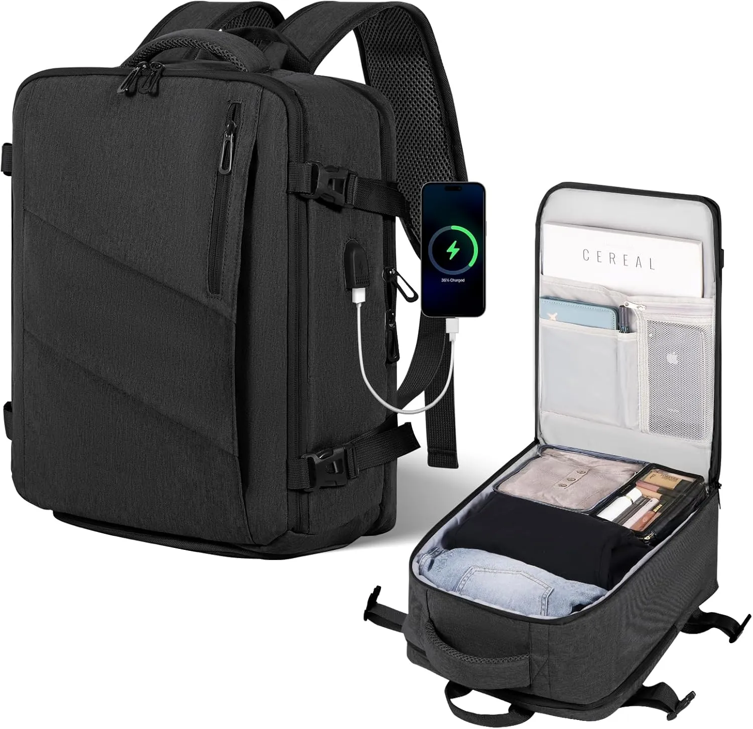 Travel Backpack for Women,Carry on Backpack for Men, 17" Laptop Backpack Flight Approved, Waterproof Backpacks for College Weekender Business, with USB Charging Port & Shoe Pouch, Dark Grey