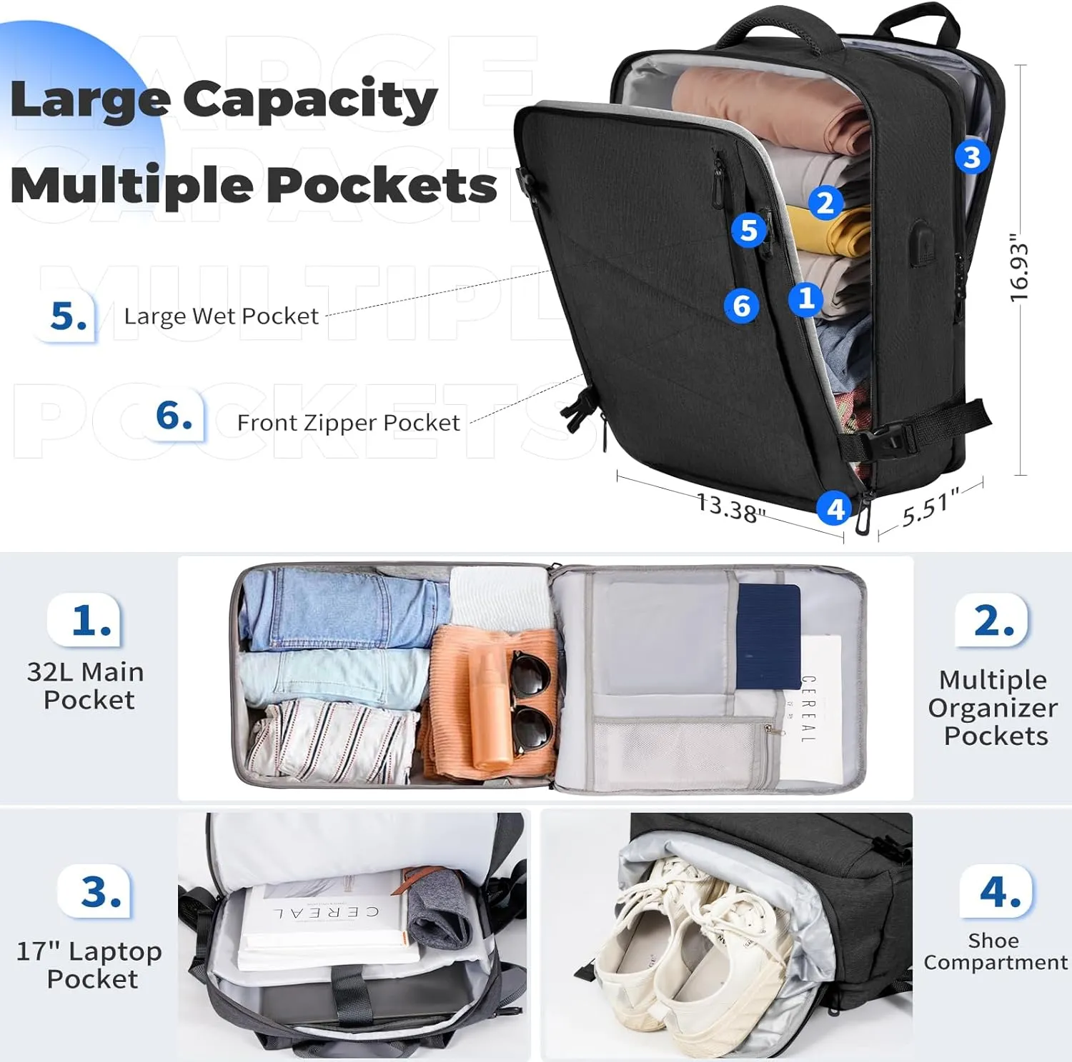 Travel Backpack for Women,Carry on Backpack for Men, 17" Laptop Backpack Flight Approved, Waterproof Backpacks for College Weekender Business, with USB Charging Port & Shoe Pouch, Dark Grey
