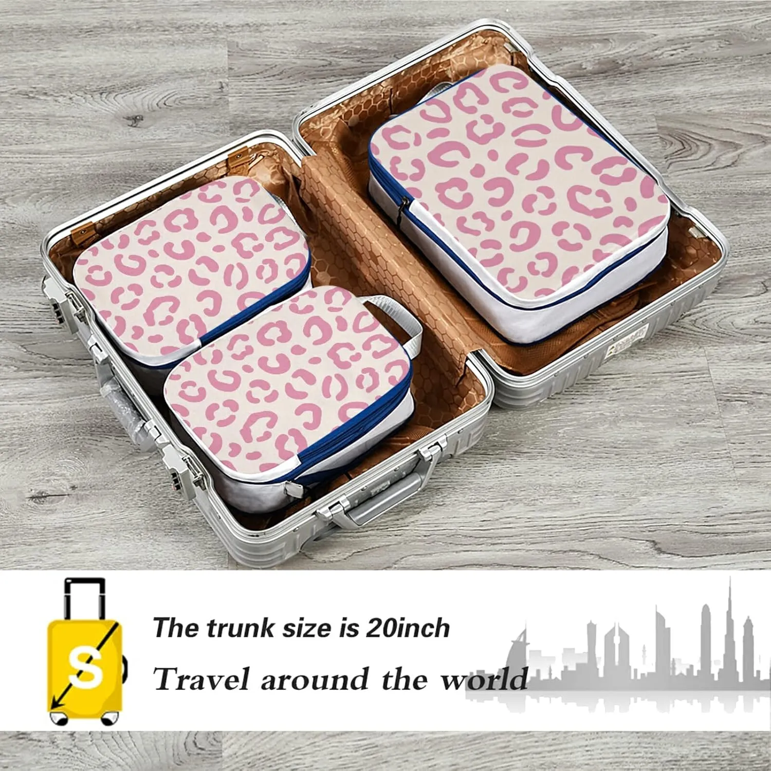 Trendy Wild Pink Leopard Skin Seamless On White 3 Set Packing Cubes, Travel Packing Organizers for Suitcases, Waterproof Check Oxford Toiletry Compression Luggage Storage Bag