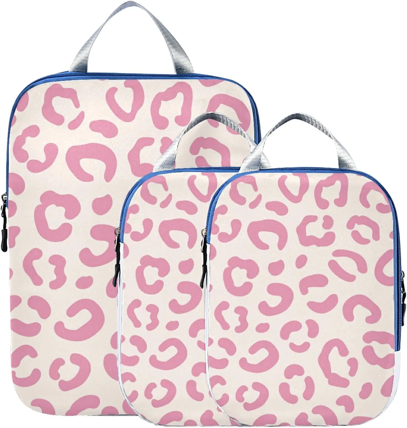 Trendy Wild Pink Leopard Skin Seamless On White 3 Set Packing Cubes, Travel Packing Organizers for Suitcases, Waterproof Check Oxford Toiletry Compression Luggage Storage Bag
