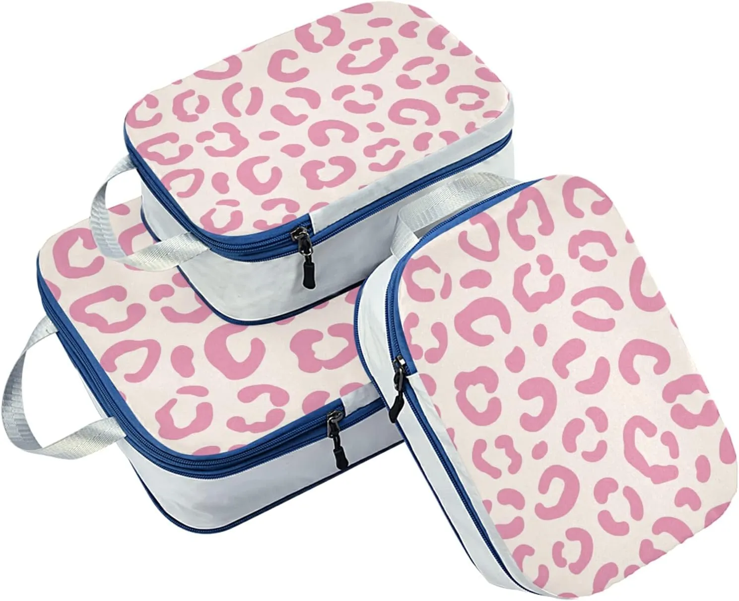 Trendy Wild Pink Leopard Skin Seamless On White 3 Set Packing Cubes, Travel Packing Organizers for Suitcases, Waterproof Check Oxford Toiletry Compression Luggage Storage Bag