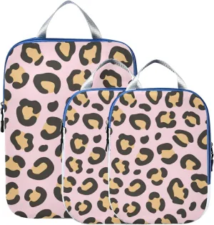 Trendy Wild Yellow Gold Leopard Skin On Pink 3 Set Packing Cubes, Travel Packing Organizers for Suitcases, Waterproof Check Oxford Toiletry Compression Luggage Storage Bag