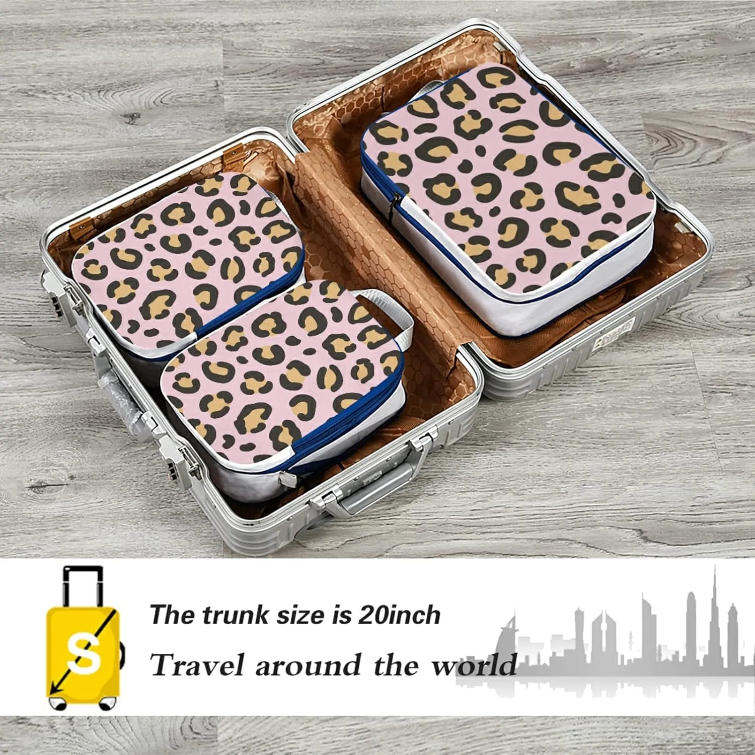 Trendy Wild Yellow Gold Leopard Skin On Pink 3 Set Packing Cubes, Travel Packing Organizers for Suitcases, Waterproof Check Oxford Toiletry Compression Luggage Storage Bag