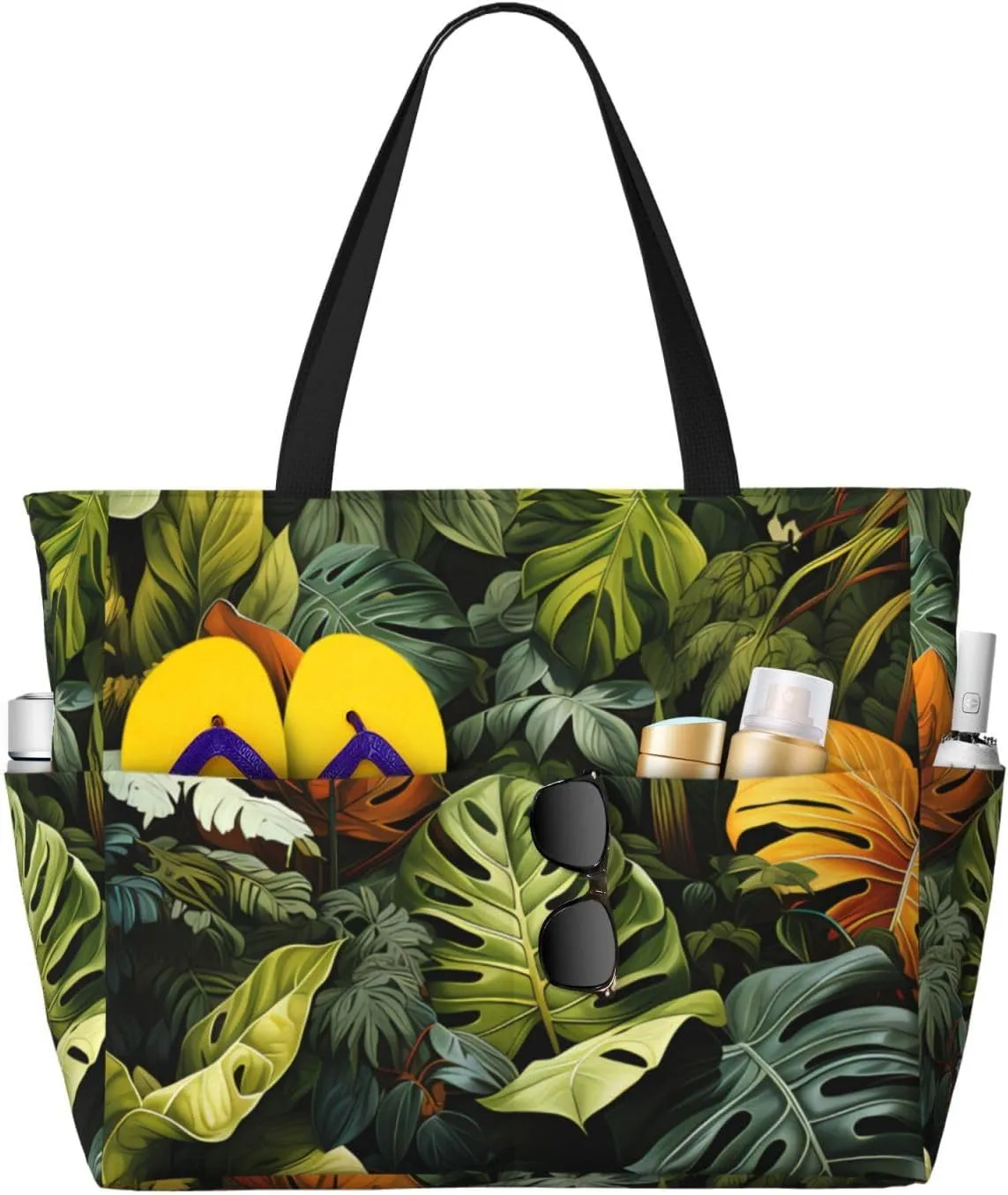 Tropical Rainforest Palm Leaves Large Capacity Beach Travel Bag, Women'S Handbag Is Waterproof And Sandproof, Suitable For Travel, Beach Vacation, Etc.