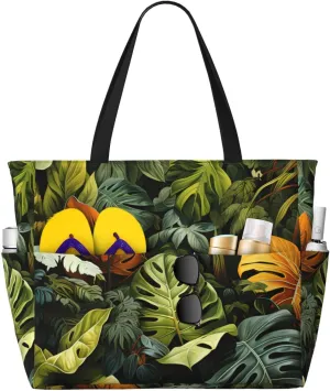 Tropical Rainforest Palm Leaves Large Capacity Beach Travel Bag, Women'S Handbag Is Waterproof And Sandproof, Suitable For Travel, Beach Vacation, Etc.
