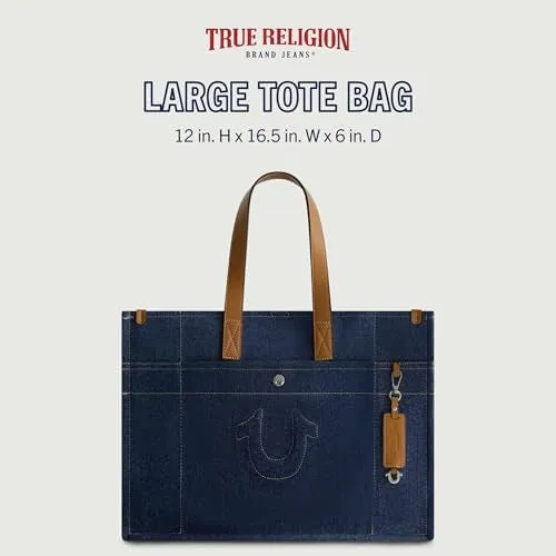 True Religion Women's Large Tote Bag, Stitched Canvas Travel Carryall Shoulder Handbag