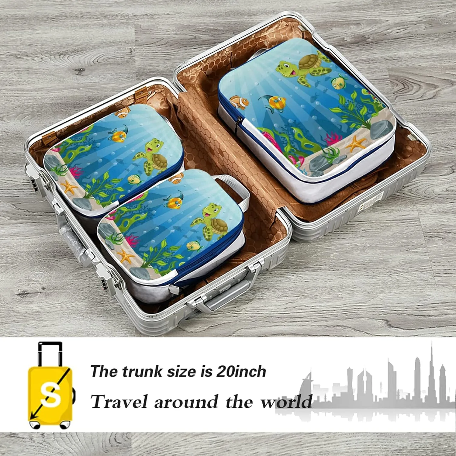 Underwater Blue Ocean Landscape with Sea Turtles and Fish Sea Plants 3 Set Packing Cubes, Waterproof Check Oxford cloth Organizers, Travel Packing Toiletry Storage Bag
