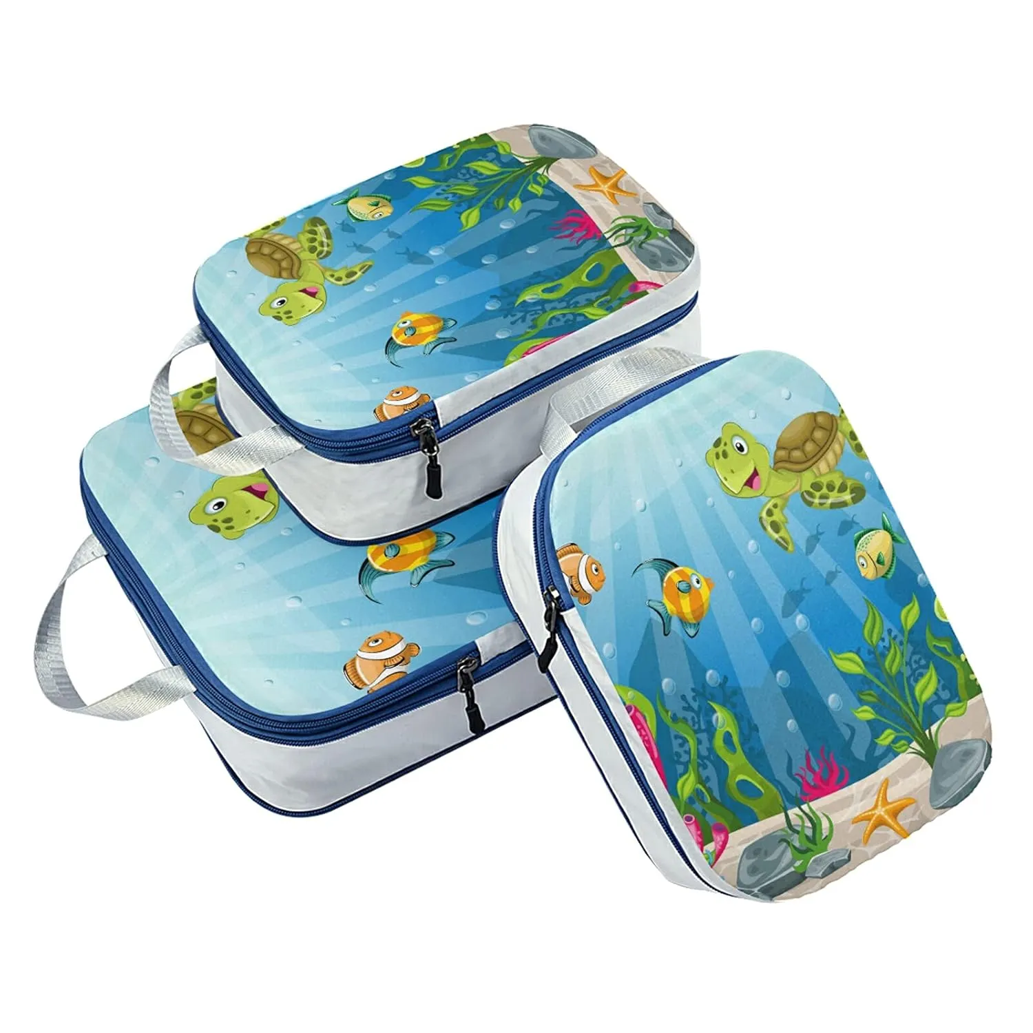 Underwater Blue Ocean Landscape with Sea Turtles and Fish Sea Plants 3 Set Packing Cubes, Waterproof Check Oxford cloth Organizers, Travel Packing Toiletry Storage Bag