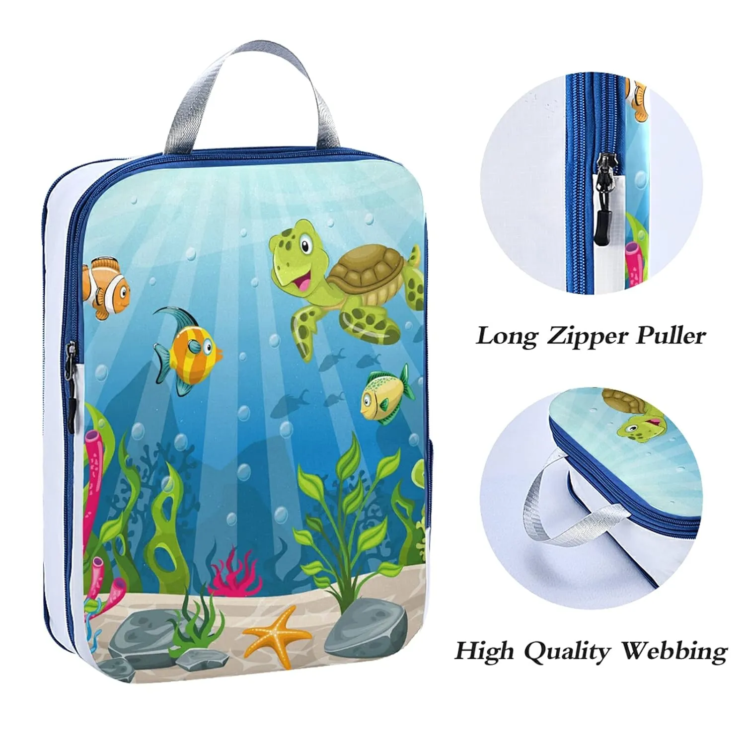 Underwater Blue Ocean Landscape with Sea Turtles and Fish Sea Plants 3 Set Packing Cubes, Waterproof Check Oxford cloth Organizers, Travel Packing Toiletry Storage Bag