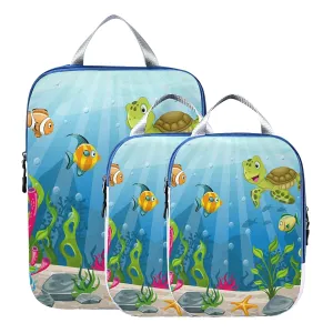 Underwater Blue Ocean Landscape with Sea Turtles and Fish Sea Plants 3 Set Packing Cubes, Waterproof Check Oxford cloth Organizers, Travel Packing Toiletry Storage Bag