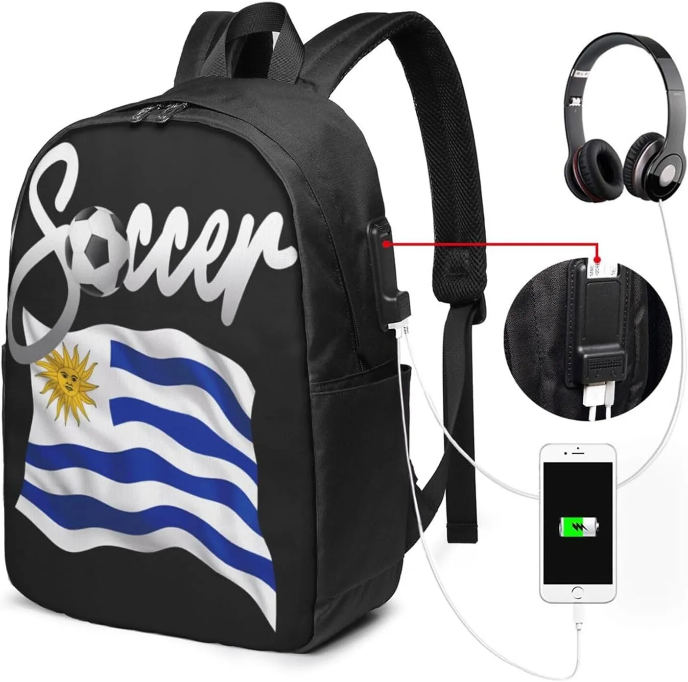 Uruguay Uruguayan Soccer Football Flag Laptop Backpacks Travel Backpack Casual Business Daypack Sport Rucksack Computer Bag Fits up to 17 Inch Notebook with USB Port