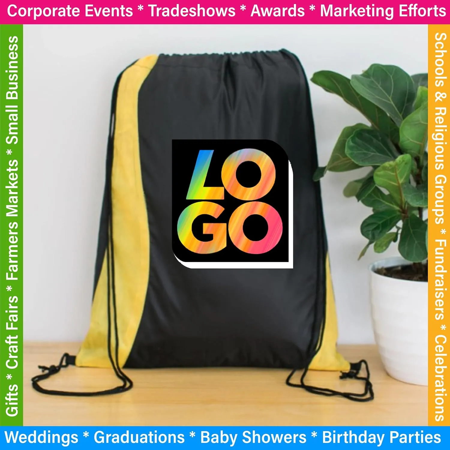 USMG Custom Two-Tone Wavy Drawstring Tote Bags - Multi-Color Imprint for Promotions, Gifts, and Events