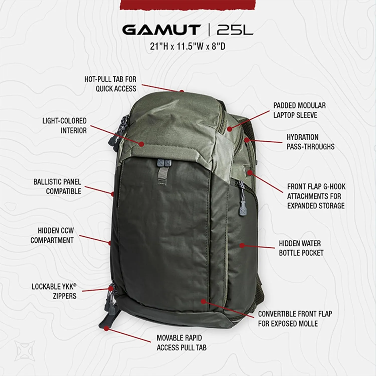 Vertx Gamut EDC Tactical Backpack 25L CCW Bag Tactical Gear, for Men and Women, Dark Earth