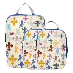 Vintage Heraldic Pattern with Lions, Horses, Griffins and Fleur De Lis 3 Set Packing Cubes, Waterproof Check Oxford cloth Organizers, Travel Packing Toiletry Storage Bag
