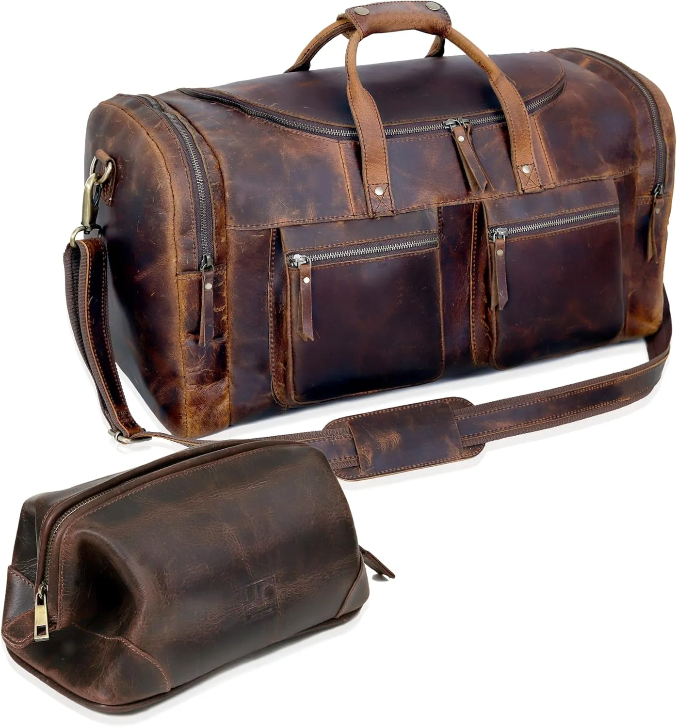 Vintage Leather Travel Duffel Bag with Toiletry Dopp Kit and Laundry Bag, Weekender Overnight bag Luggage Carry-On Bag Leather Gym Overnight Luggage Bag for Men or Women Brown