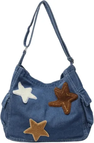 Vintage Star Denim Messenger Bag, Aesthetic Y2K Jean Tote Bag for Women Men, Casual Retro Hobo Bag for Travel Vacation Work