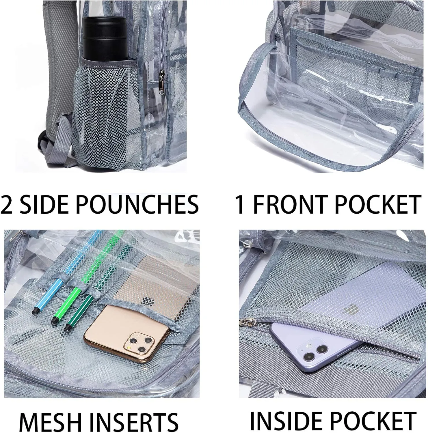 Vorspack Clear Backpack Heavy Duty PVC Transparent Backpack with Reinforced Strap for College Workplace - Grey