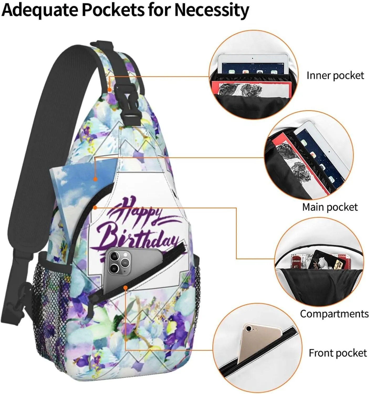 Watercolor Floral Happy Birthday Flowers Cross Chest Bag Diagonally Hiking Crossbody Bag Travel Shoulder Daypack Lightweight Sling Backpack Cycling Daypacks Fitness Chest Backpacks