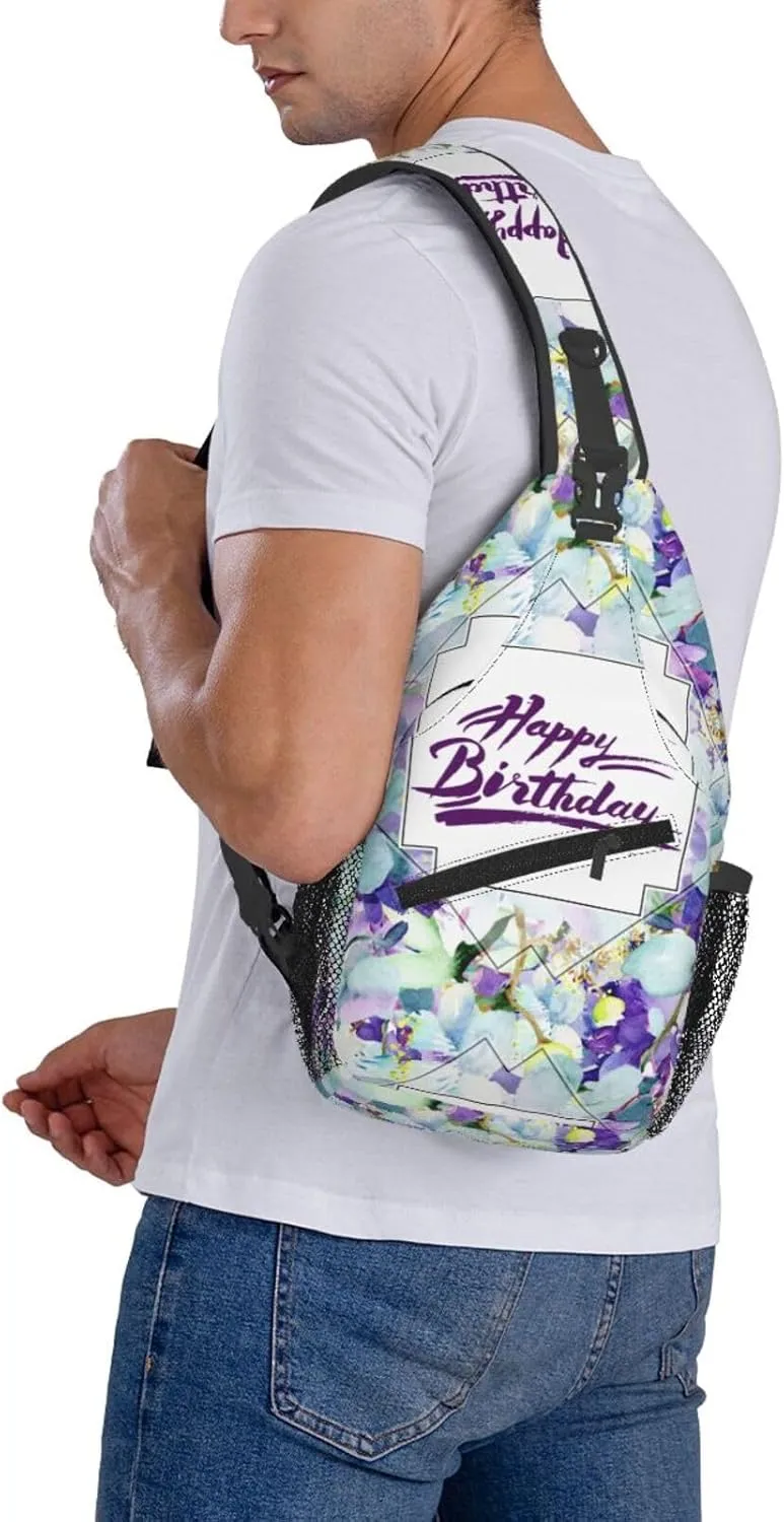 Watercolor Floral Happy Birthday Flowers Cross Chest Bag Diagonally Hiking Crossbody Bag Travel Shoulder Daypack Lightweight Sling Backpack Cycling Daypacks Fitness Chest Backpacks