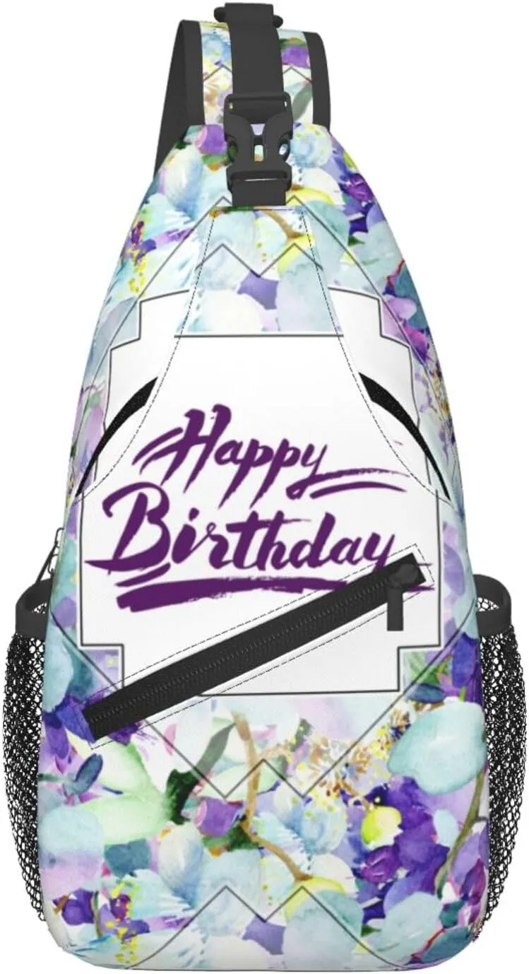 Watercolor Floral Happy Birthday Flowers Cross Chest Bag Diagonally Hiking Crossbody Bag Travel Shoulder Daypack Lightweight Sling Backpack Cycling Daypacks Fitness Chest Backpacks