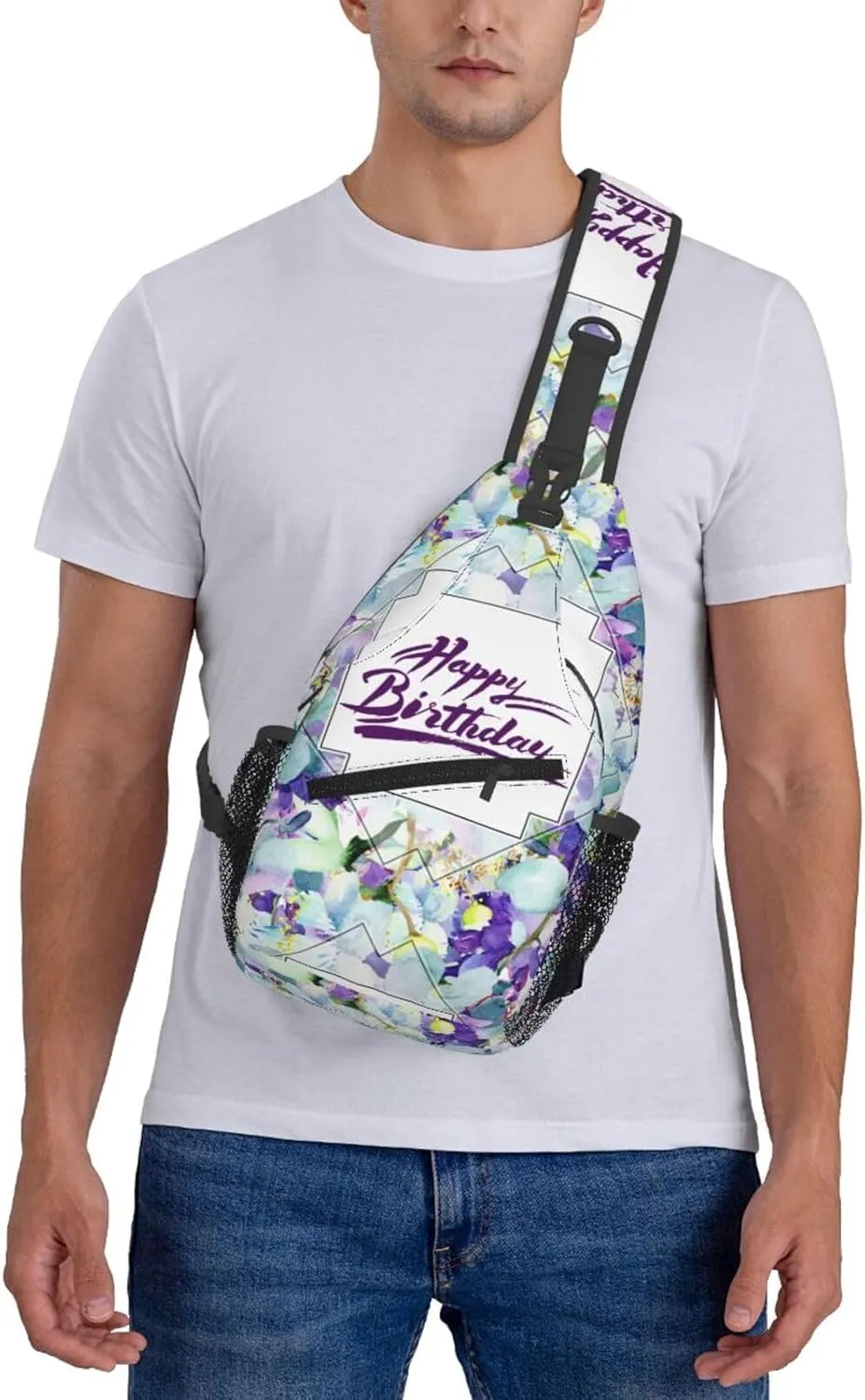 Watercolor Floral Happy Birthday Flowers Cross Chest Bag Diagonally Hiking Crossbody Bag Travel Shoulder Daypack Lightweight Sling Backpack Cycling Daypacks Fitness Chest Backpacks