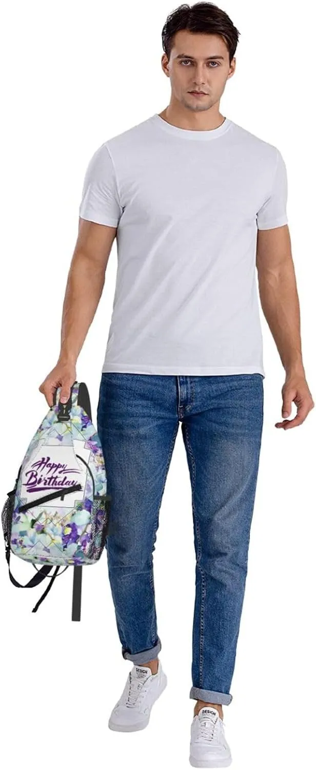 Watercolor Floral Happy Birthday Flowers Cross Chest Bag Diagonally Hiking Crossbody Bag Travel Shoulder Daypack Lightweight Sling Backpack Cycling Daypacks Fitness Chest Backpacks