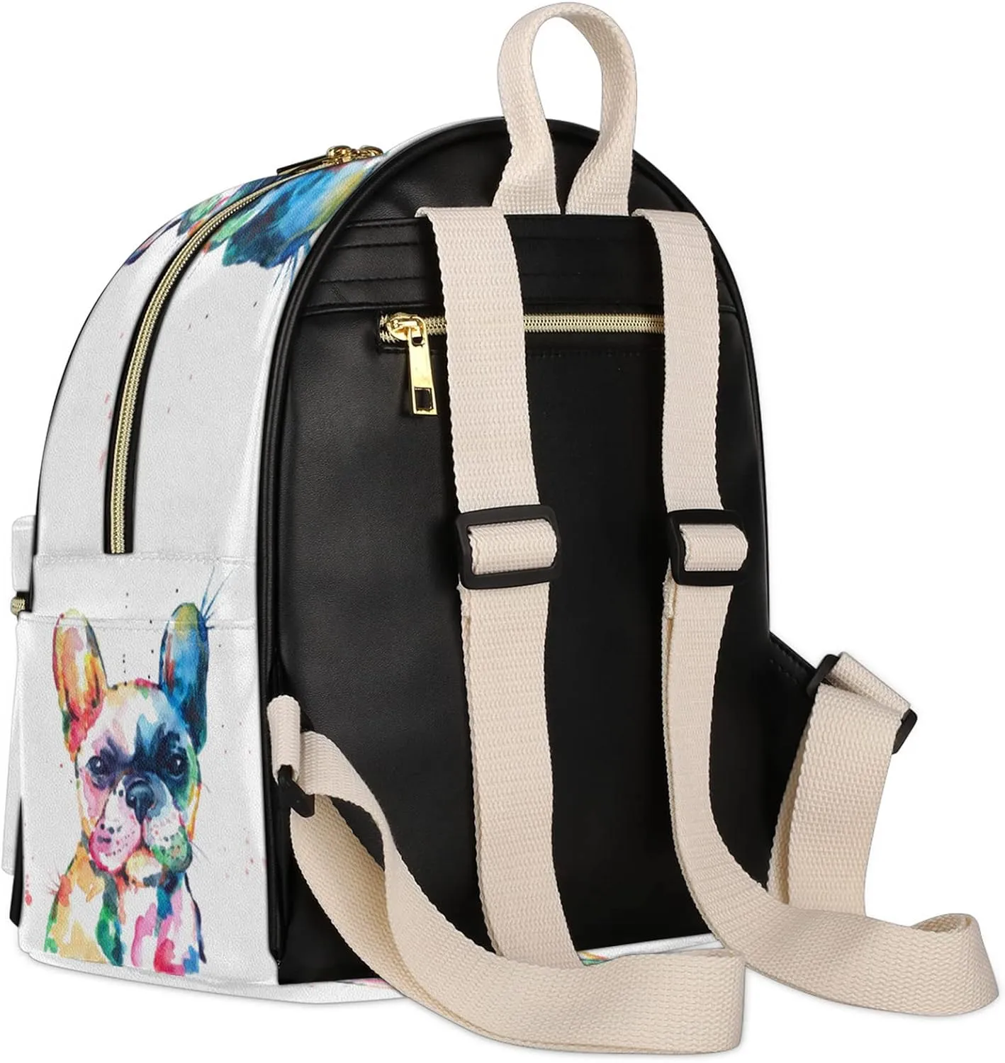Watercolor French Bulldog Mini Backpack Purse for Women, Dog Pattern Leather Small Backpack Casual Travel Daypacks Shoulder Bag for Girls Teen