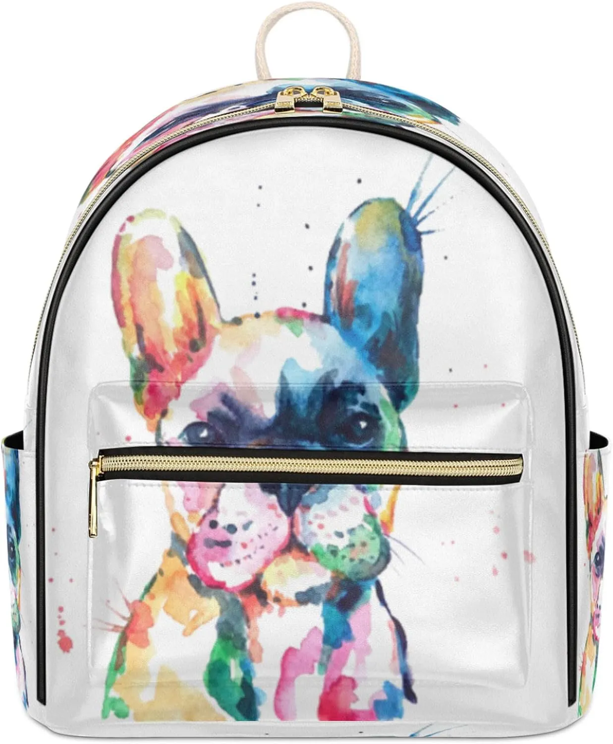 Watercolor French Bulldog Mini Backpack Purse for Women, Dog Pattern Leather Small Backpack Casual Travel Daypacks Shoulder Bag for Girls Teen
