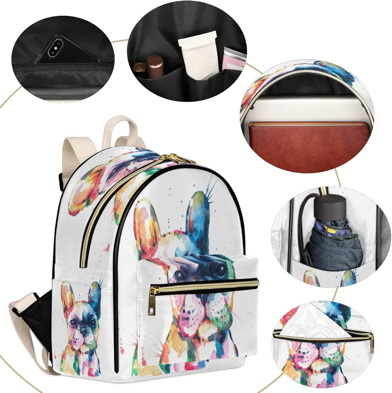 Watercolor French Bulldog Mini Backpack Purse for Women, Dog Pattern Leather Small Backpack Casual Travel Daypacks Shoulder Bag for Girls Teen