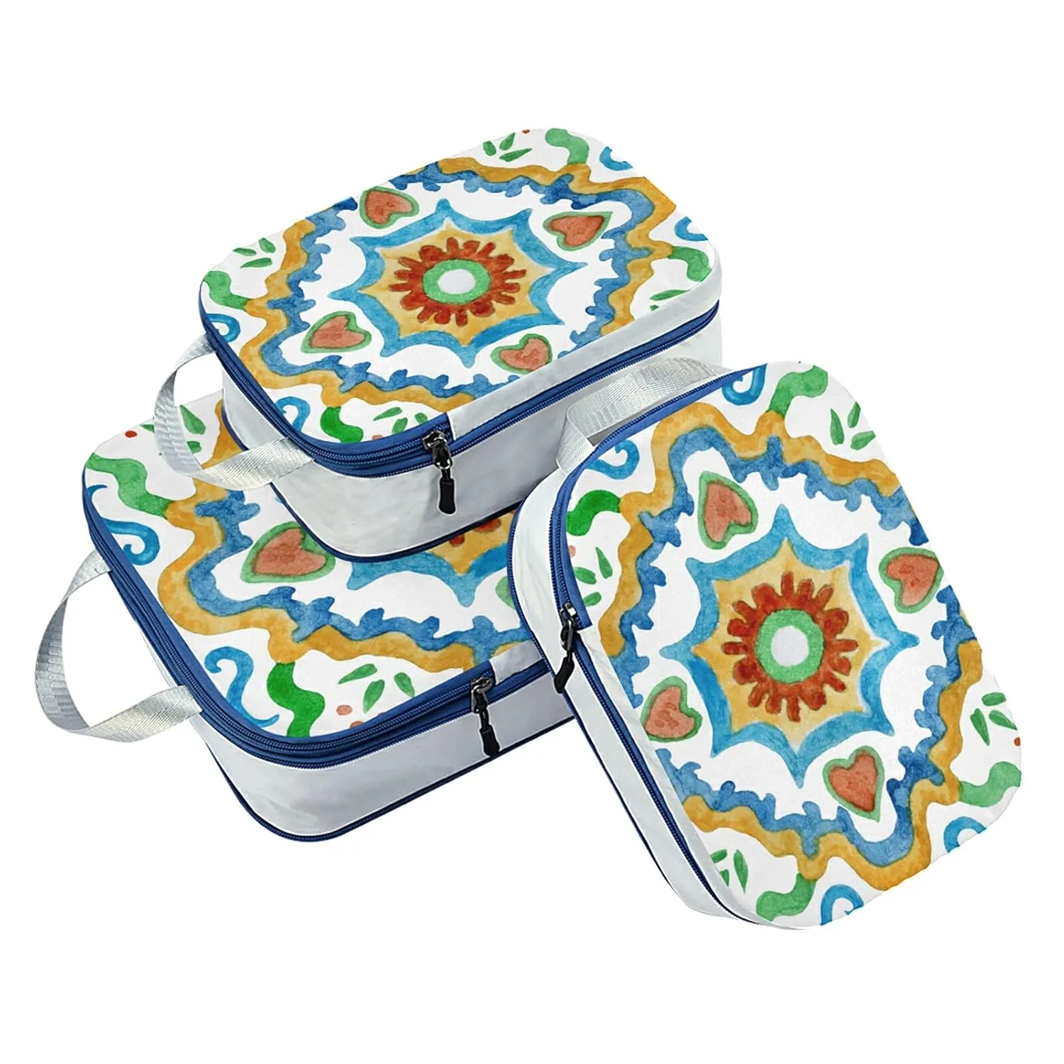 Watercolor Painted Mosaic Ceramic Tiles Lemon Fruits and Leaves 3 Set Packing Cubes, Waterproof Check Oxford cloth Organizers, Travel Packing Toiletry Storage Bag