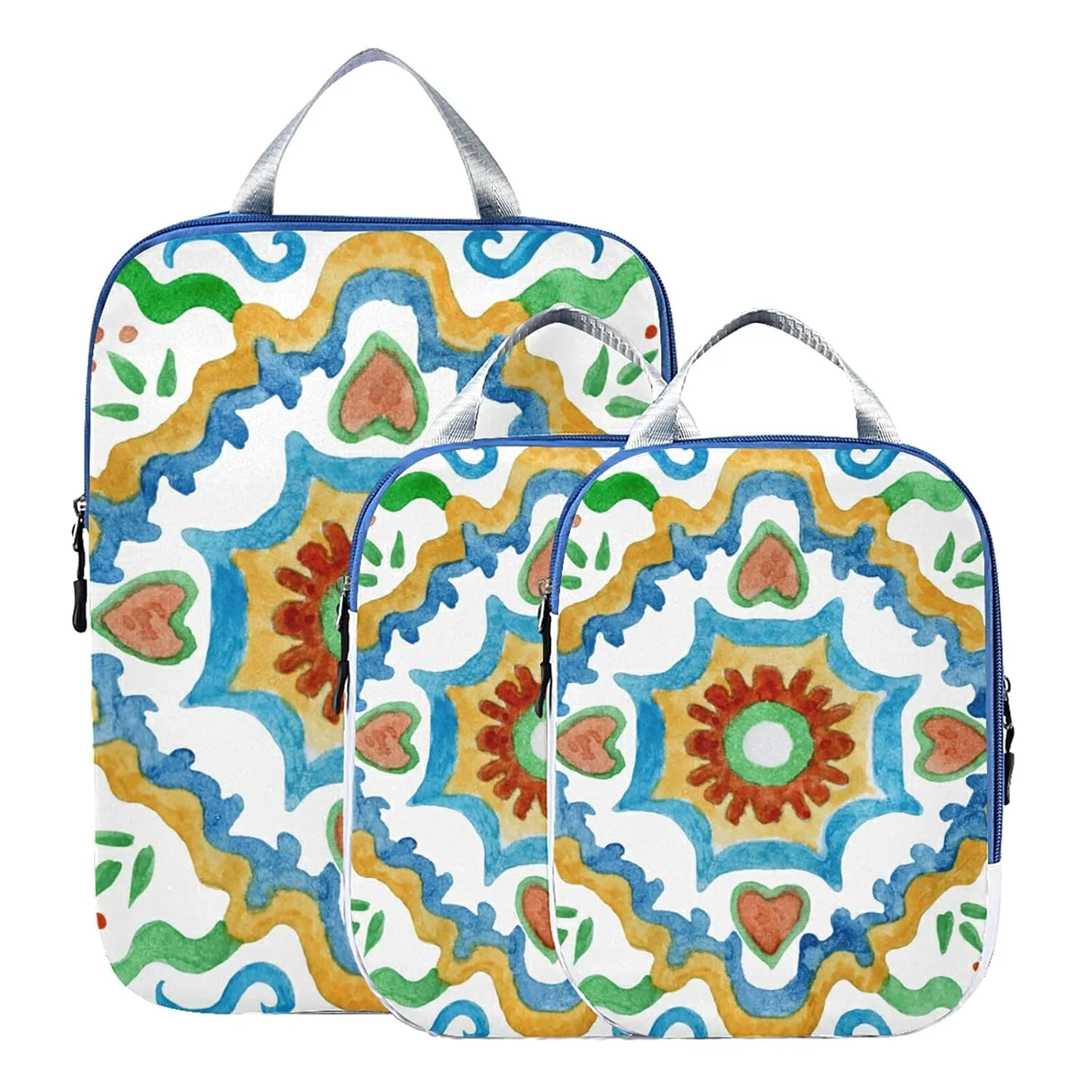 Watercolor Painted Mosaic Ceramic Tiles Lemon Fruits and Leaves 3 Set Packing Cubes, Waterproof Check Oxford cloth Organizers, Travel Packing Toiletry Storage Bag