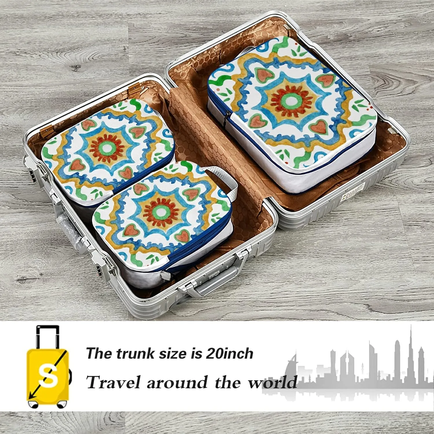 Watercolor Painted Mosaic Ceramic Tiles Lemon Fruits and Leaves 3 Set Packing Cubes, Waterproof Check Oxford cloth Organizers, Travel Packing Toiletry Storage Bag