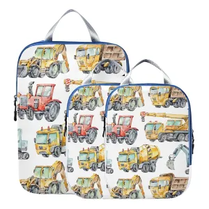 Watercolor Trucks and Cars Red Tractor, Excavator, Concrete Mixer 3 Set Packing Cubes, Waterproof Check Oxford cloth Organizers, Travel Packing Toiletry Storage Bag