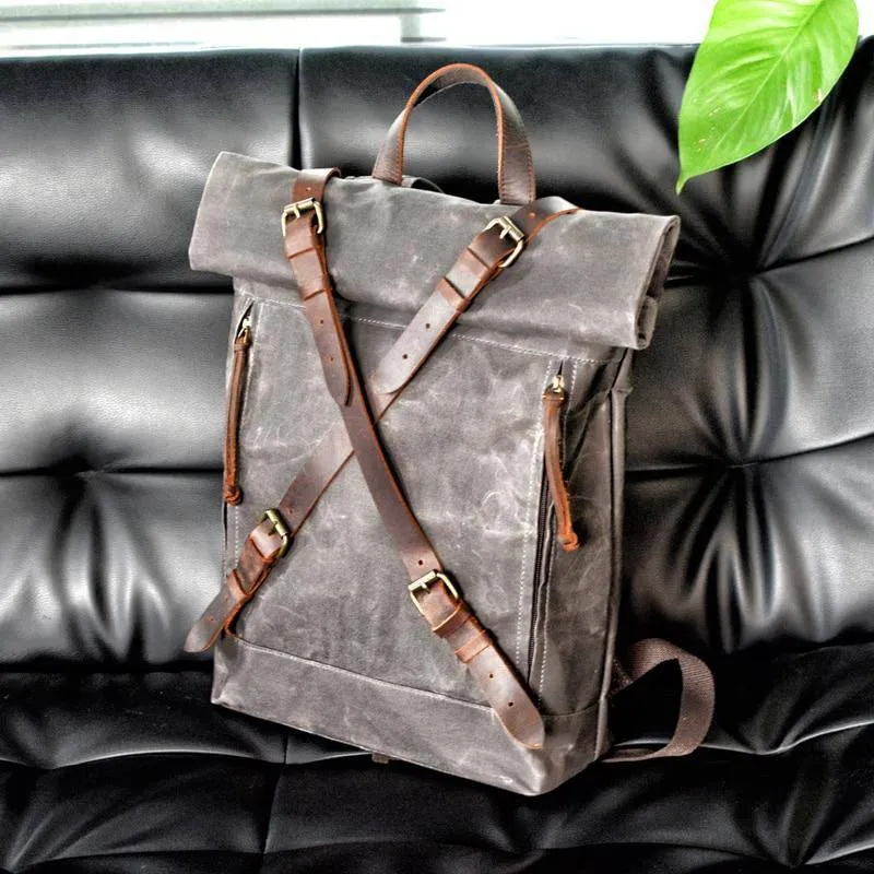 Waxed Hard Canvas Leather Waterproof 15 Inch Laptop Backpack