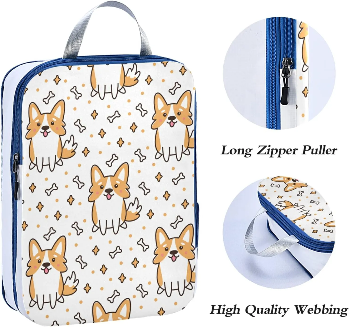 Welsh Corgi Dog Breed Bones Stars Seamless on White Print 3 Set Packing Cubes, Travel Packing Organizers for Suitcases, Waterproof Check Oxford Toiletry Compression Luggage Storage Bag