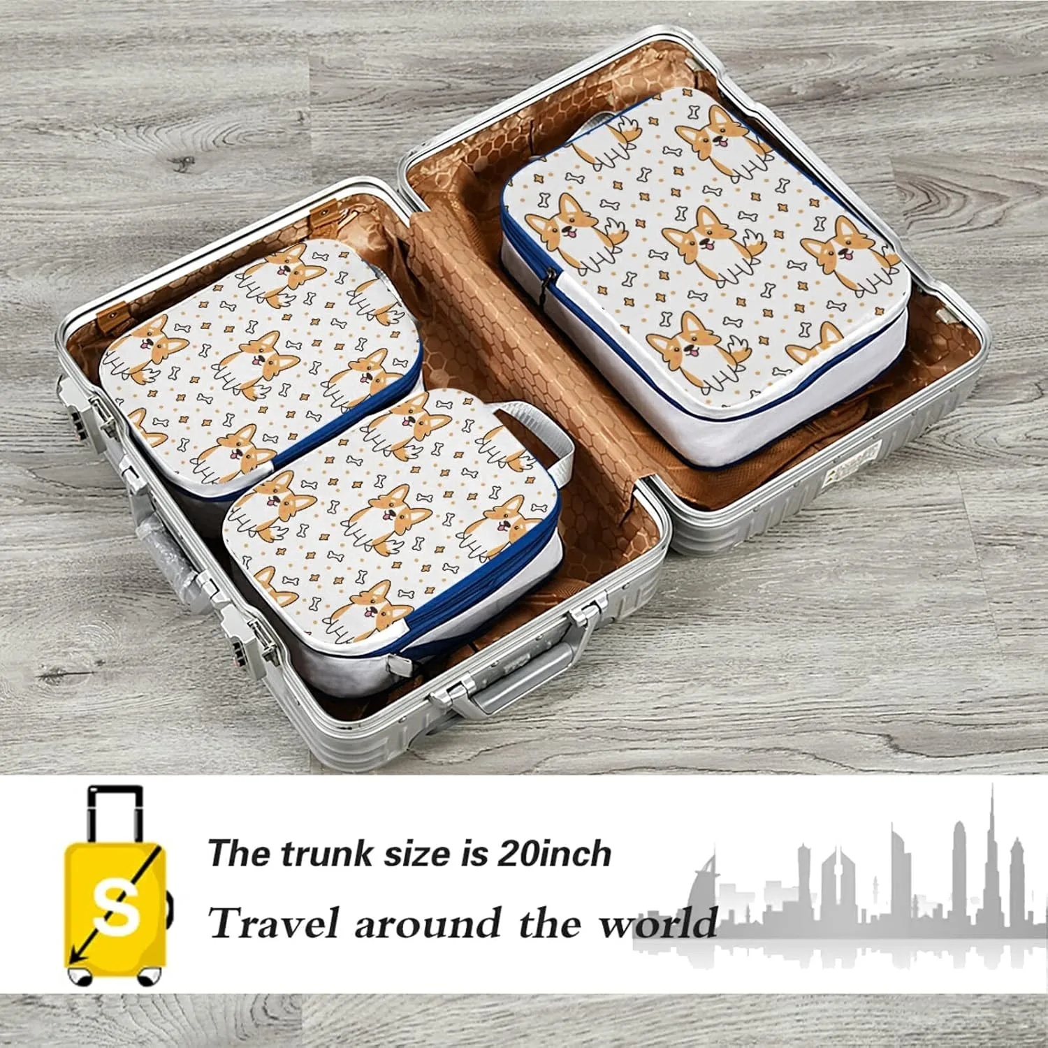 Welsh Corgi Dog Breed Bones Stars Seamless on White Print 3 Set Packing Cubes, Travel Packing Organizers for Suitcases, Waterproof Check Oxford Toiletry Compression Luggage Storage Bag