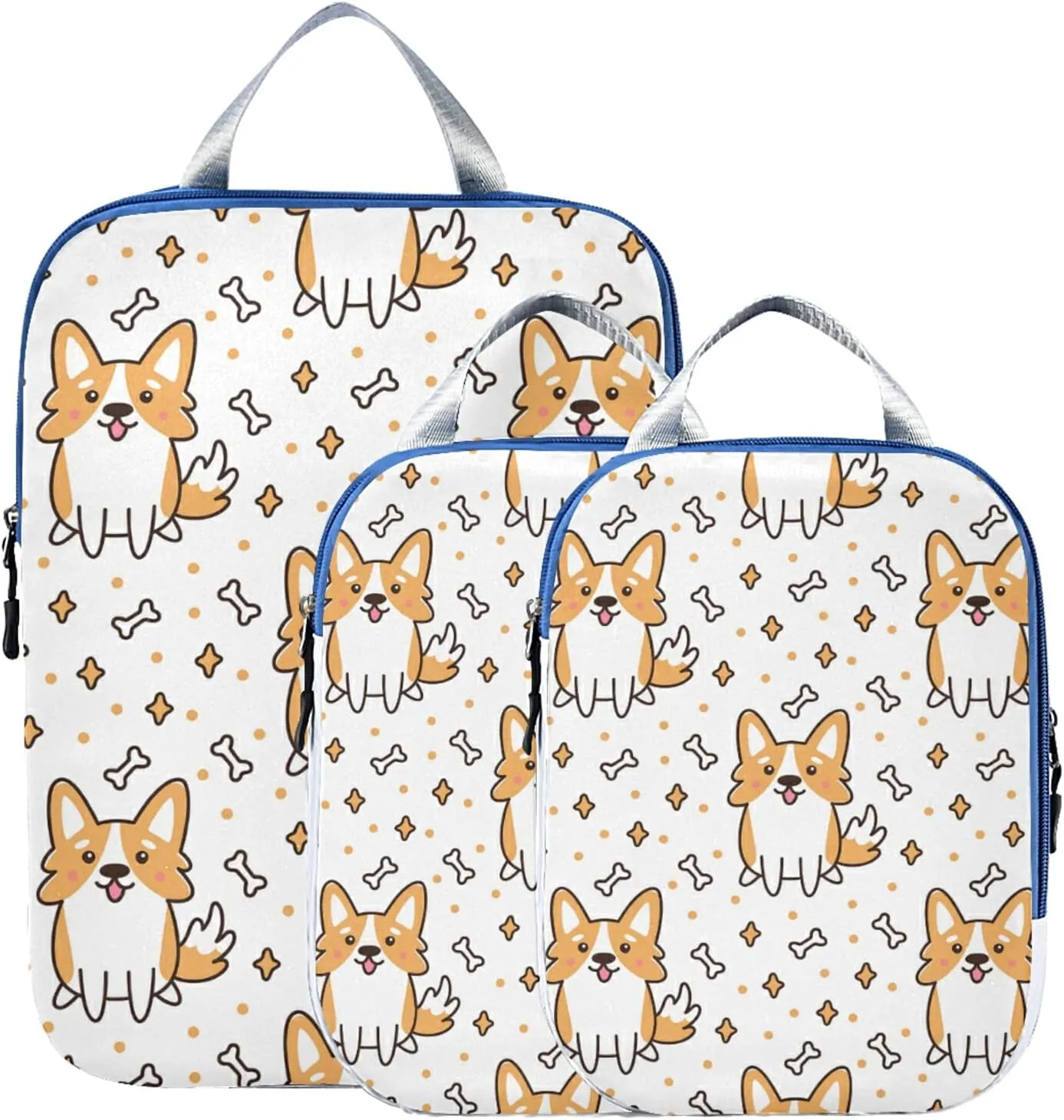 Welsh Corgi Dog Breed Bones Stars Seamless on White Print 3 Set Packing Cubes, Travel Packing Organizers for Suitcases, Waterproof Check Oxford Toiletry Compression Luggage Storage Bag
