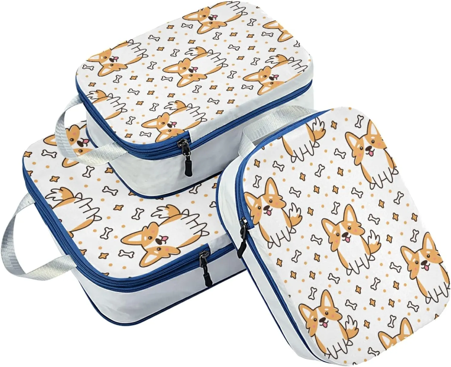 Welsh Corgi Dog Breed Bones Stars Seamless on White Print 3 Set Packing Cubes, Travel Packing Organizers for Suitcases, Waterproof Check Oxford Toiletry Compression Luggage Storage Bag