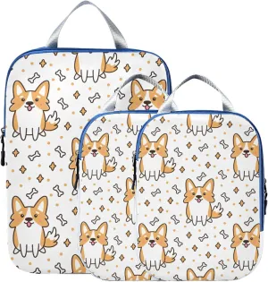 Welsh Corgi Dog Breed Bones Stars Seamless on White Print 3 Set Packing Cubes, Travel Packing Organizers for Suitcases, Waterproof Check Oxford Toiletry Compression Luggage Storage Bag
