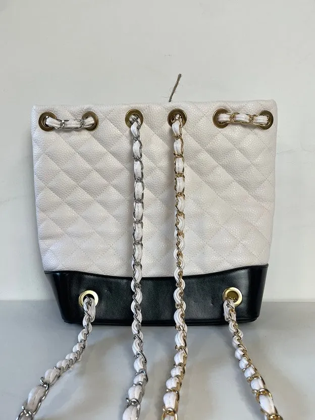 White Guilted Leather Mixed Metal Chain Strap Backpack