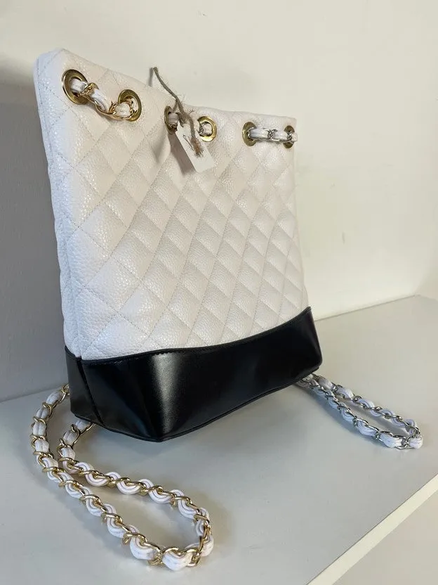 White Guilted Leather Mixed Metal Chain Strap Backpack