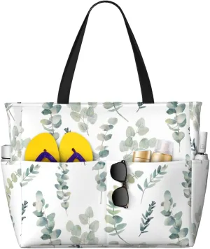 White Natural Greenery Twig Print Large Capacity Beach Travel Bag with Zipper and Pockets for Camping Travel Gym